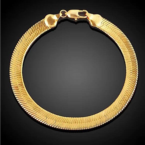 Gold Herringbone Flat Necklace Bracelet Set, Unisex, Two Piece 4mm - Picture 6 of 10
